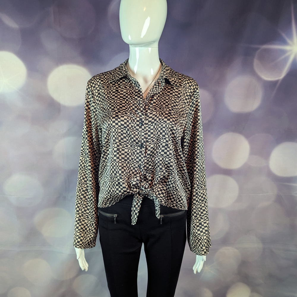 Maison D'Amelie sz S Long Sleeve Button Down Cream and Black Patterned Top